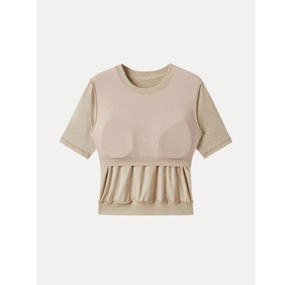 OGL Lyocell Wool Brami S NWT Heather Tan Crewneck Banded Hem Built‑In Bra Top - Picture 2 of 9